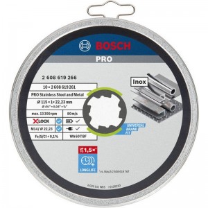 Disco de corte abrasivo PRO BOSCH X-LOCK para Inox, lata 10 unidades