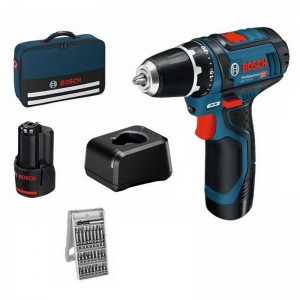 Taladro Atornillador a Batería BOSCH GSR 12V-15 + 2x2.0Ah + Cargador + Juego 25 Accesorios + Bolsa