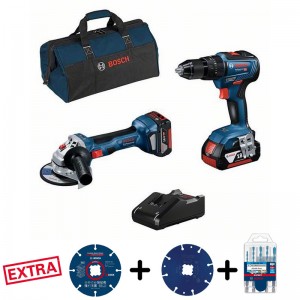 Set BOSCH Taladro GSB 18V-55 + Amoladora GWS 18V + 2x4.0Ah + Cargador + Bolsa