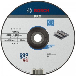 Disco de corte BOSCH acodado PRO Metal A 30 S BF, 230x3 mm - 22,23 mm - 2608603162