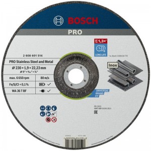 Disco de corte abrasivo PRO BOSCH Inox and Metal WA 36 R BF, 230 mm, 22,23 mm, 1,9 mm - 2608601514